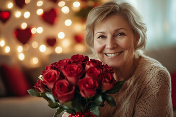 Photo of a senior woman smiling warmly while holding a bouquet of roses, standing in a cozy living room adorned with Valentine’s Day decorations and illuminated by soft natural light