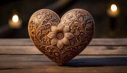 Wall Mural - A wooden heart with intricate floral carvings and a sunflower design sits on a rustic wooden surface with soft candlelight glowing in the background.