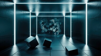 Poster - Neon-lit corridor with scattered cubes; futuristic, abstract, and dark teal.