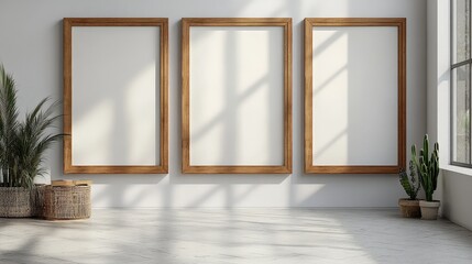 Poster - aesthetic interior design featuring three empty wooden frames on a bright wall with natural light an