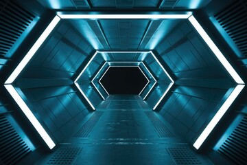 Poster - Futuristic hexagonal tunnel with bright neon lights, a sci-fi corridor.