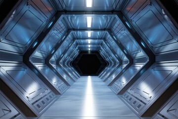 Poster - Futuristic metallic corridor with hexagonal walls and bright lights leading to a dark end.