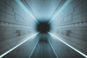 Poster - Futuristic white corridor with glowing blue lines, leading to a dark unknown destination.