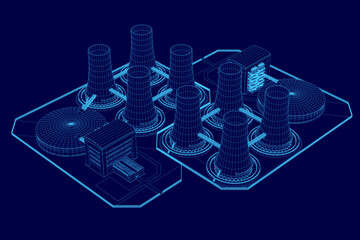 Poster - Blue drawing of a city with a large number of power plants. The drawing is in blue and is very detailed