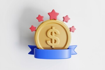 Poster - Gold coin with dollar sign, surrounded by stars and a blue ribbon, symbolizing financial reward and achievement.