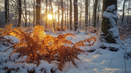 Wall Mural - Winter sunlight illuminating russet fern in a snowy forest landscape with trees during a tranquil winter evening.