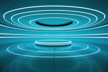 Poster - Futuristic circular room with a glowing platform, cyan blue, sleek design, modern architecture.