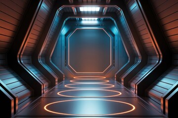 Poster - Futuristic spaceship corridor with neon lights, metallic walls, and glowing circles on the floor.