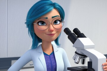 Poster - A 3D animated female scientist with blue hair and glasses, looks thoughtfully at a microscope.
