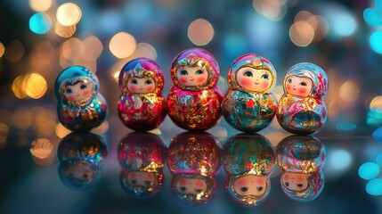 Wall Mural - Russian nesting dolls with vibrant colors reflecting on a shiny surface illuminated by soft bokeh lights in the background