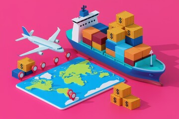 Poster - Global trade and shipping, illustrated with a cargo ship, airplane, and world map, showcasing international commerce.