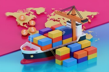 Poster - Global trade visualized: Cargo ship loaded with colorful containers against a world map, illustrating international commerce and shipping.