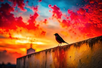 Silhouette Bird on Spattered Red & White Wall - Artistic Stock Photo