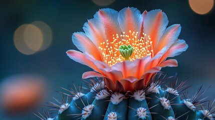 Wall Mural - Close-up of a vibrant orange and pink cactus flower blooming at night, with bokeh background.