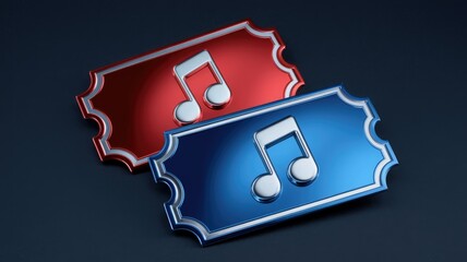 Aufkleber - Two metallic music tickets, red and blue, symbolize concert or music festival entry.
