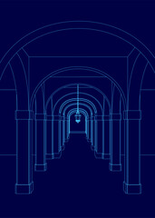 Poster - Blue drawing of a long hallway with a light hanging from the ceiling. The hallway is empty and the light is the only source of illumination