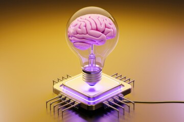 Leinwandbilder - A brain inside a light bulb on a microchip symbolizes innovative ideas and technological advancements.