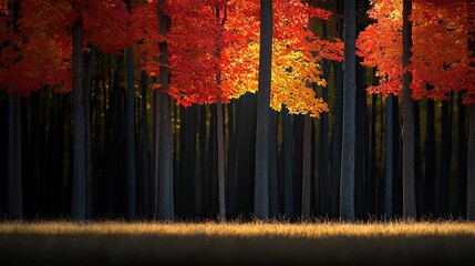 Wall Mural - vibrant autumn foliage illuminates a dark forest, with orange and yellow leaves contrasting against 