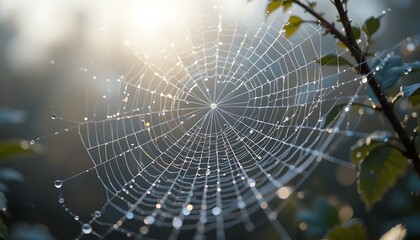 Delicate Spider Web Covered in Morning Dew with Blurred Natural Background Generative AI
