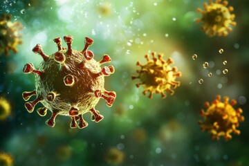 Aufkleber - Viruses suspended in droplets of water, highlighting microbial activity and environmental interaction. Generative AI