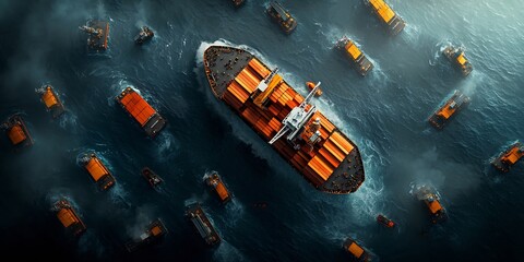 Poster - Powerful Offshore Logistics Massive Cargo Ships Ferrying Vital Cargo to Offshore Natural Gas Platform Foaming Sea Swells Gleaming Ship Superstructures