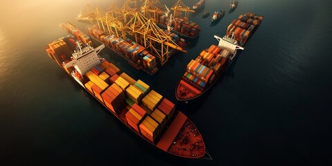 Poster - Sweeping aerial perspective showcasing the intricate choreography of cargo ships container vessels and towering cranes transferring freight at a bustling offshore logistics center