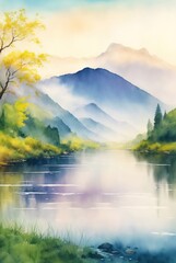 Canvas Print - The quiet tranquil river in the mountain valley in the morning, reflections of trees and mountains in the river water