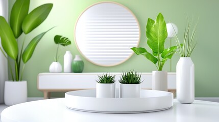 Poster - Bright, white Scandinavian living room with green plants and subtle color accents offers a fresh and lively atmosphere.