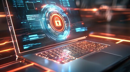 Poster - Close-up of a laptop screen displaying encryption software, with a lock symbol appearing over documents, showcasing secure practices for remote workers.