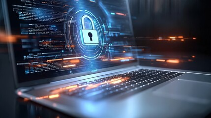 Poster - Close-up of a laptop screen displaying encryption software, with a lock symbol appearing over documents, showcasing secure practices for remote workers.