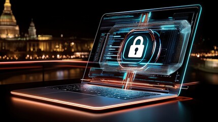 Poster - Close-up of a laptop screen displaying encryption software, with a lock symbol appearing over documents, showcasing secure practices for remote workers.