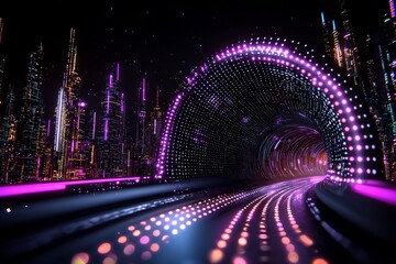 Poster - Hypnotic flow of illuminated digital particles pulsing through a futuristic metropolis with shimmering holographic interfaces and vibrant chromatic palette