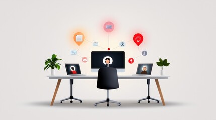 Poster - Employees working together using collaborative tools like video conferencing and file sharing, creating synergy in a remote work environment.