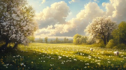 Wall Mural - Peaceful Spring Meadow with Blooming Trees