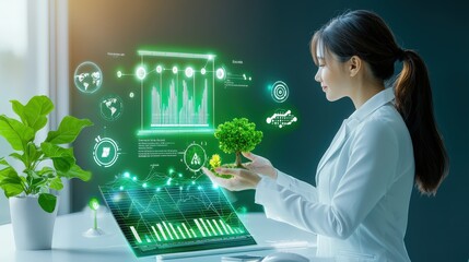 Poster - Green finance in action, showing a businesswoman with financial charts and renewable energy projects promoting environmentally conscious investments.