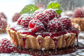 Close-up of a delectable raspberry tart, adorned with powdered sugar, showcasing its vibrant red color and juicy fruit. The dessert is presented on a