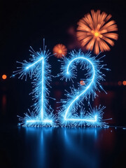 Poster - Isolated Numbers Set With A Blue Sparkler Effect Against A Black Background While Fireworks Burn In The Distance. 00002