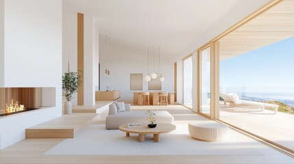 Poster - Neutral Scandinavian interior highlighted by soft blue decor and warm wooden elements, evoking simplicity and coziness.