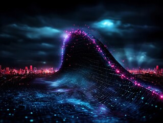 Poster - Mesmerizing glowing wave of luminous energy with shimmering interference patterns prismatic chromatic abstract digital distortions  Experimental retrofuturistic digital art with vibrant detailed