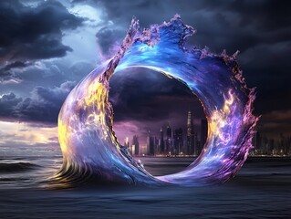 Poster - cascading wave of brilliant light rippling quantum phenomena and intricate digital tessellations cre