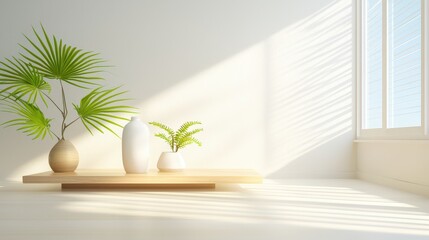 Poster - Vibrant greenery arranged in a minimalist living room corner adds life and serenity to the neutral decor.