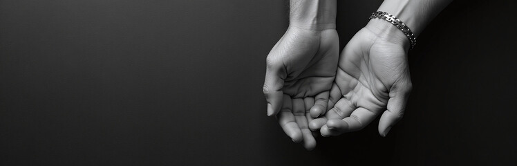 Aufkleber - Hands In Black And White Gesture Protection And Care On A Textured Black Background With Copy Space For Text Overlay. 00001