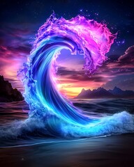 Poster - striking bioluminescent wave of prismatic iridescent light with quantum fluctuations pulsing energy