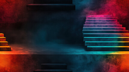 Wall Mural - Seamless rainbow, grunge, Vibrant abstract background featuring illuminated stairs, creating a dramatic and colorful atmosphere with a mystical haze.