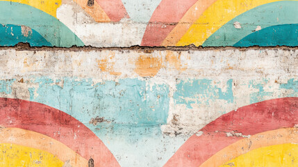 Wall Mural - Seamless rainbow, grunge, Colorful abstract mural featuring vibrant rainbow arcs against a textured, weathered background, creating a cheerful and artistic vibe.