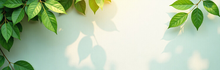 Poster - Green Leaves Adorn A Sunny Wall Background Providing Space To Add Text In An Abstract Nature Scene. 00003