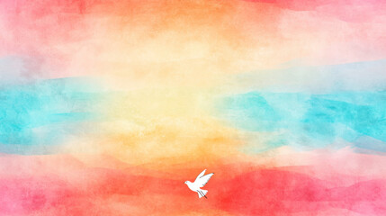 Wall Mural - Seamless rainbow, grunge, A vibrant watercolor gradient background with hues of orange, pink, and blue, featuring a white silhouette of a bird in flight at the center.