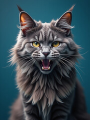 Poster - Gray Maine Coon Cat With Furious Expression Photographed Against A Blue Background Using Artificial Intelligence Generative Capabilities. 00002