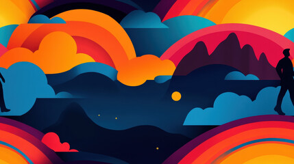 Wall Mural - Seamless rainbow, grunge, Colorful abstract landscape with silhouettes of two figures standing on opposite sides, surrounded by vibrant clouds and mountains in bright hues.