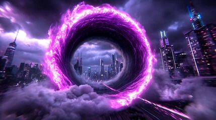 Poster - Captivating quantum wave of light with vibrant abstract digital cinematic lighting over a cityscape  A mesmerizing otherworldly portal into a futuristic urban landscape